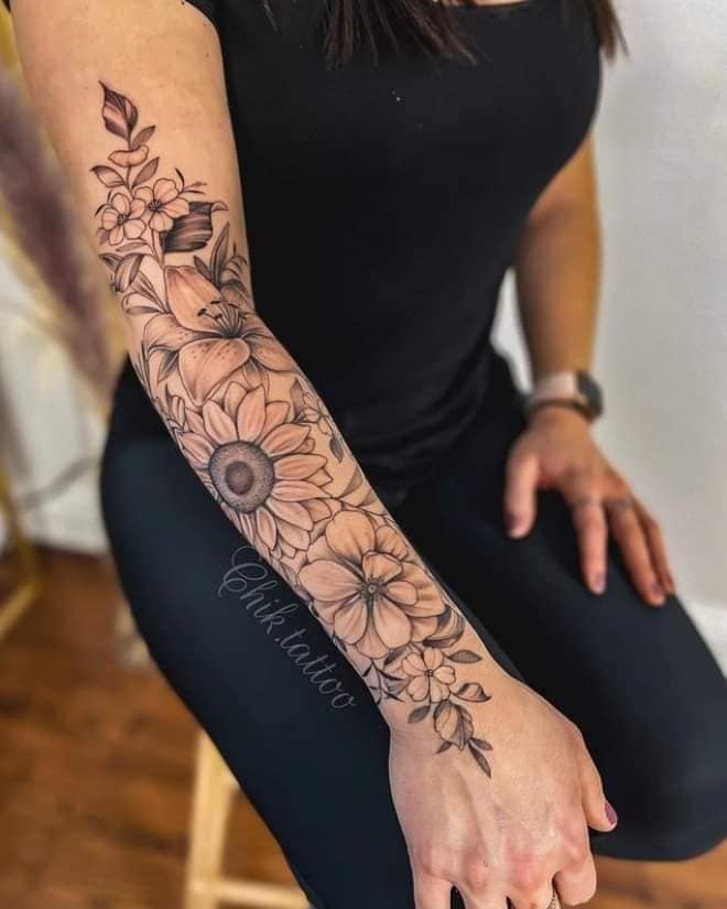127 Sleeve Tattoos Flowers Leaves Vegetation Black Sunflower