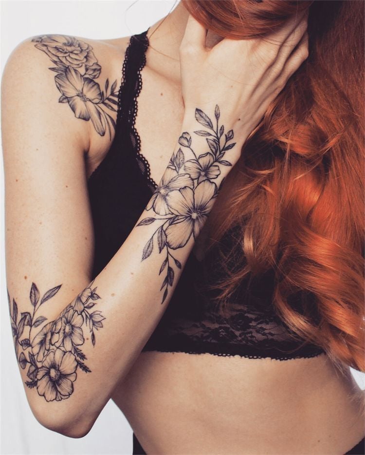2 TOP 2 Tattoos on the Arm and Sleeve Woman Bouquets of Black Flowers contour on Wrist Elbow and Shoulder