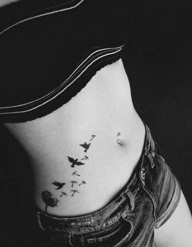 4 TOP 4 Abdomen Dandelion Tattoos with Black Birds and Seeds Flying from the Side