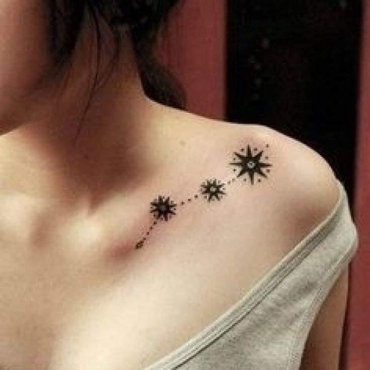 5 TOP 5 Tattoos on Collavicle and Shoulder Blade Woman three stars with dots the largest near the shoulder