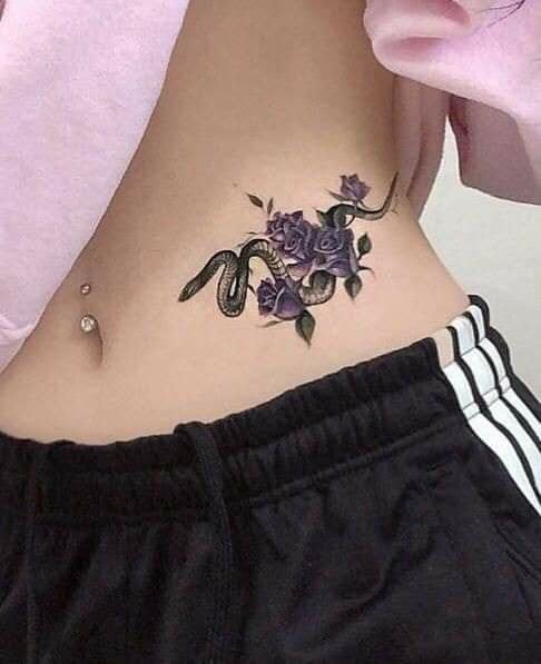 6 Tattoos Abdomen Violet Flowers with Green Snake on the side